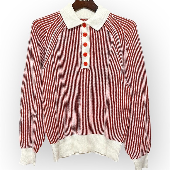 Vince Camuto contrasting ribbed knit henley pullover sweater, red and cream,sz M - Picture 1 of 13